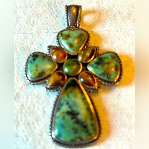 Vintage 925 Turquoise and Tigers eye cross pendant. EUC